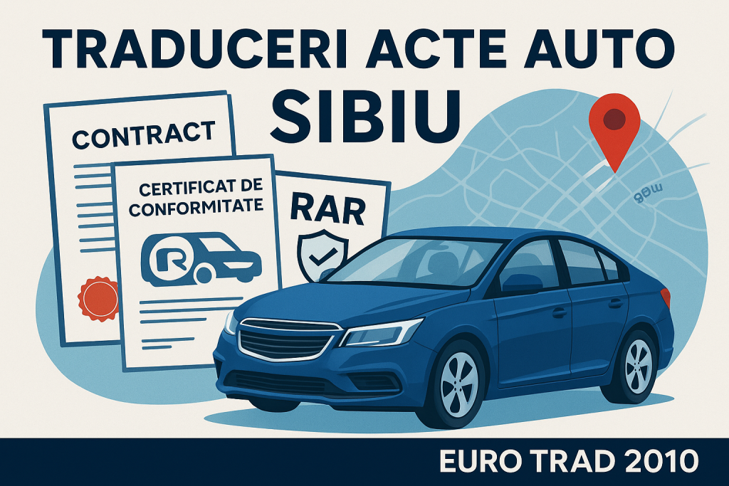 Proces de traduceri acte auto Sibiu la Euro Trad 2010, colaborare cu notar partener pentru acte oficiale și juridice.